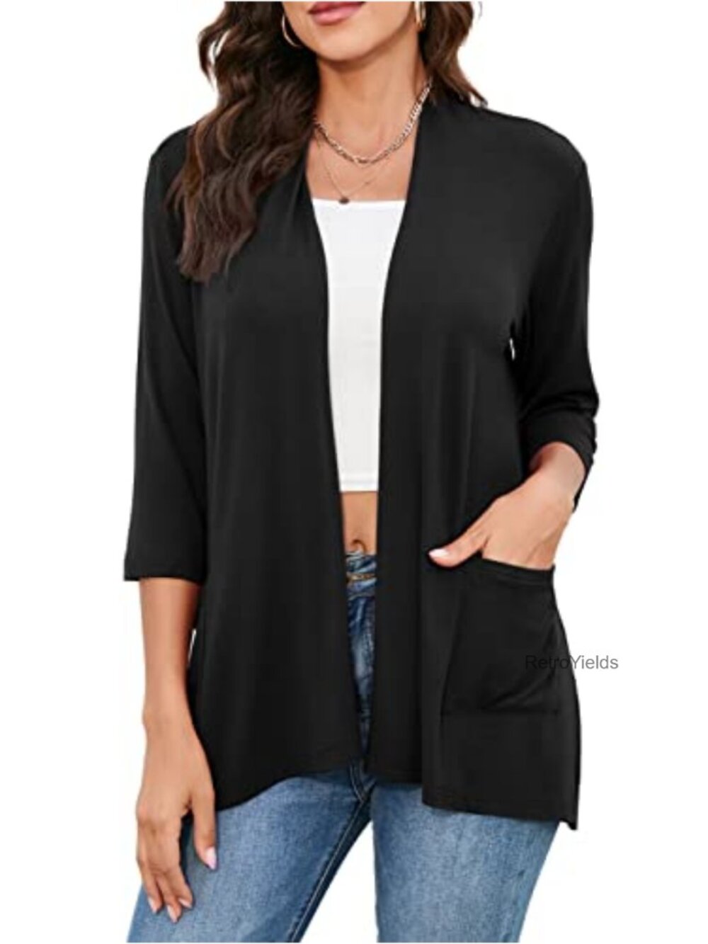 Lightweight Open Front Cardigan Duster with Pockets 3/4 Sleeve